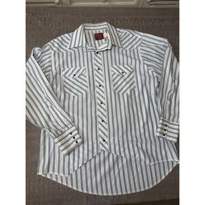 VTG Rustler Western Shirt Men 17 34/35 X-Long‎ Tails Striped Snap Button Cowboy